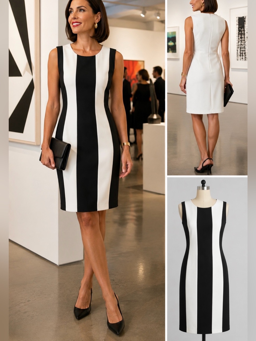 Linea Domani Black White Vertical Stripe Sleeveless Sheath Dress Size 4 💛🍄